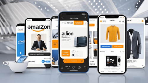 各类跨境电商平台界面展示，如亚马逊、eBay、速卖通等的PC端和移动端界面；不同平台适合销售的产品图片集合，包括电子产品、家居用品、时尚单品等；商家在不同跨境电商平台操作流程的相关图片。